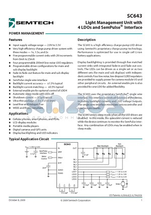 SC643 datasheet - Light Management Unit with 4 LDOs and SemPulse^Interface