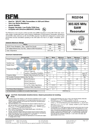 RO2104 datasheet - 303.825 MHz SAW Resonator