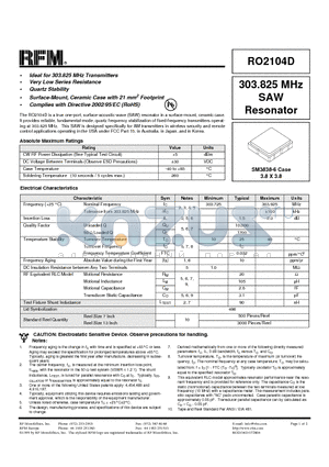 RO2104D datasheet - 303.825 MHz SAW Resonator