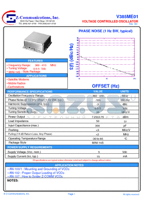 V385ME01 datasheet - LOW COST - HIGH PERFORMANCE VOLTAGE CONTROLLED OSCILLATOR