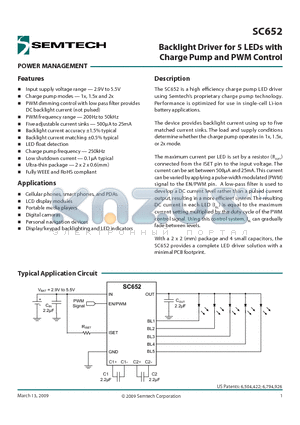 SC652 datasheet - Backlight Driver for 5 LEDs with Charge Pump and PWM Control