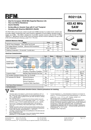 RO2112A datasheet - 433.42 MHz SAW Resonator