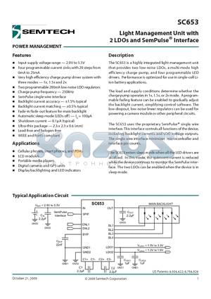 SC653ULTRT datasheet - Light Management Unit with 2 LDOs and SemPulse^Interface