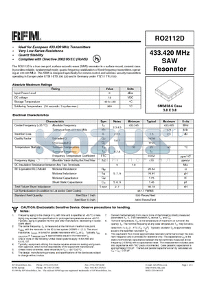 RO2112D datasheet - 433.420 MHz SAW Resonator