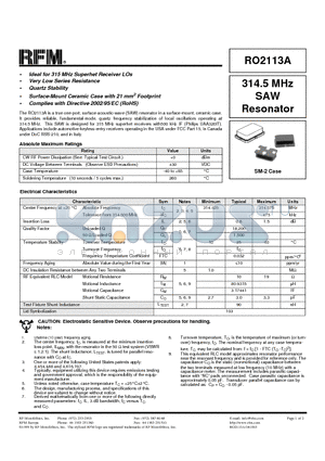 RO2113A datasheet - 314.5 MHz SAW Resonator