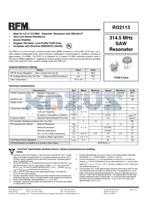 RO2113 datasheet - 314.5 MHz SAW Resonator