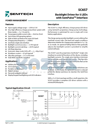 SC657 datasheet - Backlight Driver for 5 LEDs with SemPulseTM Interface