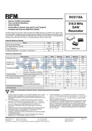 RO2118A datasheet - 318.0 MHz SAW Resonator