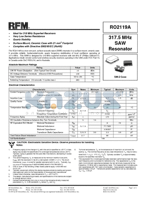 RO2119A datasheet - 317.5 MHz SAW Resonator