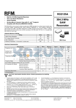 RO2125A datasheet - 304.3 MHz SAW Resonator