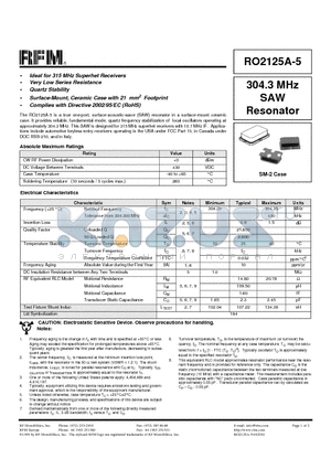 RO2125A-5 datasheet - 304.3 MHz SAW Resonator