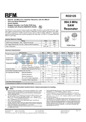 RO2125 datasheet - 304.3 MHz SAW Resonator