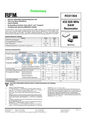 RO2136A datasheet - 432.920 MHz SAW Resonator