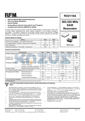 RO2116A datasheet - 303.325 MHz SAW Resonator