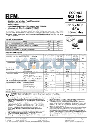 RO2144A-1 datasheet - 916.5 MHz SAW Resonator