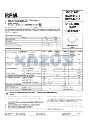 RO2144E datasheet - 916.5 MHz SAW Resonator