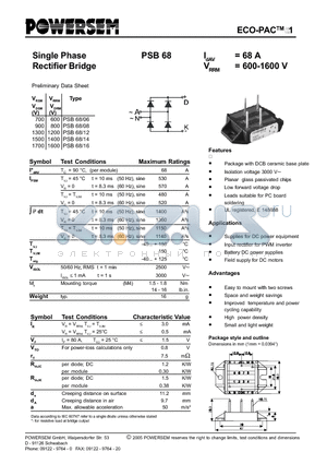 PSB68 datasheet - Single Phase Rectifier Bridge