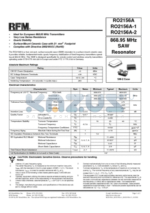 RO2156A-2 datasheet - 868.95 MHz SAW Resonator
