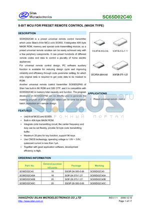 SC65D02C40C datasheet - 8-BIT MCU FOR PRESET REMOTE CONTROL (MASK TYPE)