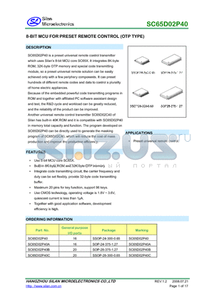 SC65D02P40 datasheet - 8-BIT MCU FOR PRESET REMOTE CONTROL (OTP TYPE)