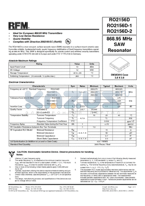 RO2156D-2 datasheet - 868.95 MHz SAW Resonator
