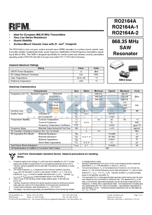 RO2164A datasheet - 868.35 MHz SAW Resonator