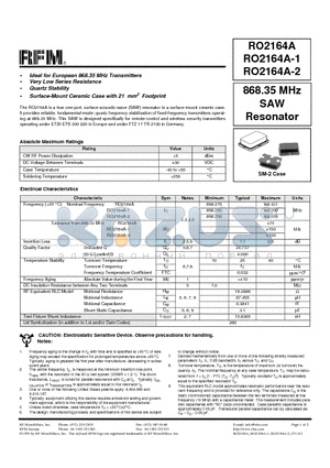RO2164A-2 datasheet - 868.35 MHz SAW Resonator