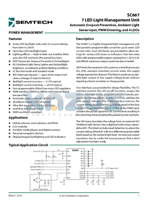 SC667ULTRT datasheet - 7 LED Light Management Unit Automatic Dropout Prevention, Ambient Light Sense Input, PWM Dimming, and 4 LDOs