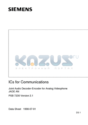 PSB7230 datasheet - Joint Audio Decoder-Encoder for Analog Videophone JADE AN