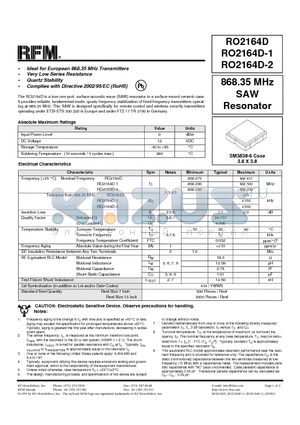 RO2164D-1 datasheet - 868.35 MHz SAW Resonator