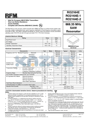 RO2164E datasheet - 868.35 MHz SAW Resonator