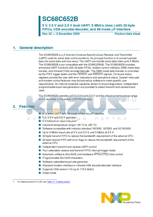 SC68C652B datasheet - 5 V, 3.3 V and 2.5 V dual UART, 5 Mbit/s (max.) with 32-byte FIFOs, IrDA encoder/decoder, and 68 mode mP interface