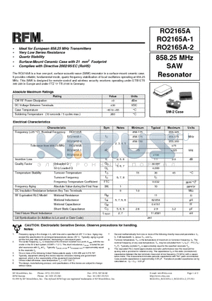 RO2165A-1 datasheet - 858.25 MHz SAW Resonator