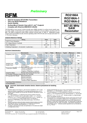 RO2166A datasheet - 857.65 MHz SAW Resonator