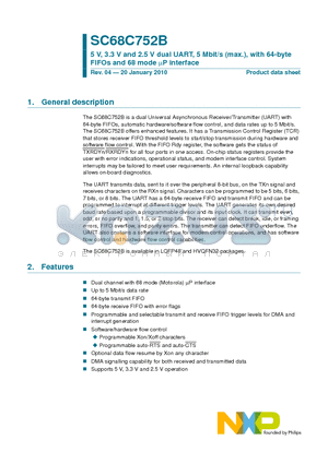 SC68C752BIBS datasheet - 5 V, 3.3 V and 2.5 V dual UART, 5 Mbit/s (max.), with 64-byte FIFOs and 68 mode lP interface