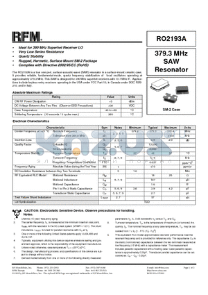 RO2193A datasheet - 379.3 MHz SAW Resonator