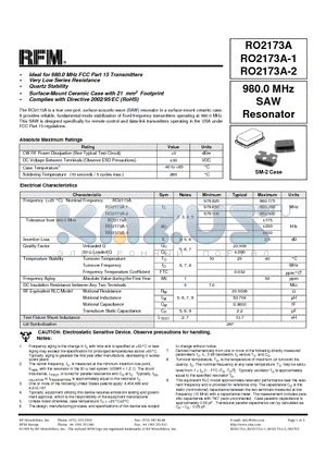 RO2173A-2 datasheet - 980.0 MHz SAW Resonator