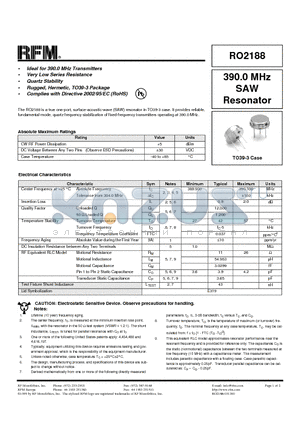 RO2188 datasheet - 390.0 MHz SAW Resonator