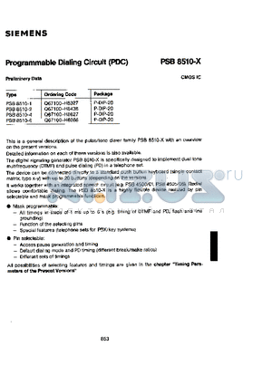 PSB8510-2 datasheet - PROGRAMMABLE DIALING CIRCUIT(PDC)