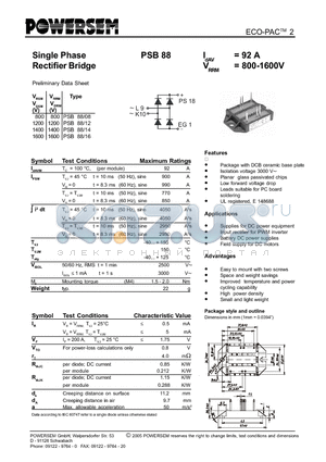 PSB88 datasheet - Single Phase Rectifier Bridge