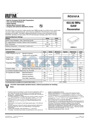 RO3101A datasheet - 433.92 MHz SAW Resonator