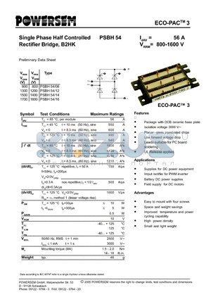 PSBH54 datasheet - Single Phase Half Controlled Rectifier Bridge, B2HK