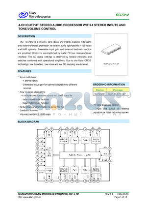 SC7312 datasheet - 4CH OUTPUT STEREO AUDIO PROCESSOR WITH 4 STEREO INPUTS AND TONE/VOLUME CONTROL