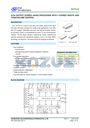 SC7314 datasheet - 4CH OUTPUT STEREO AUDIO PROCESSOR WITH 4 STEREO INPUTS AND TONE/VOLUME CONTROL
