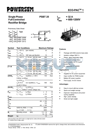 PSBT25 datasheet - Single Phase Full Controlled Rectifier Bridge