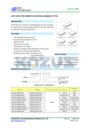 SC73C1602 datasheet - 4BIT MCU FOR REMOTE CONTROLLER(MASK TYPE)