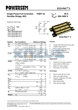 PSBT54 datasheet - Single Phase Full Controlled Rectifier Bridge, B2C