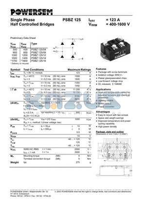 PSBZ125 datasheet - Single Phase Half Controlled Bridges