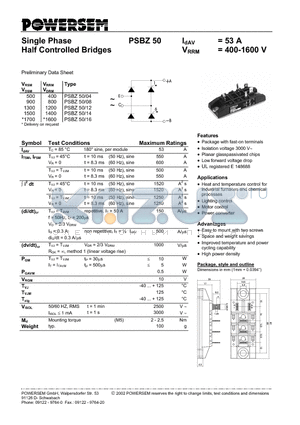 PSBZ50 datasheet - Single Phase Half Controlled Bridges