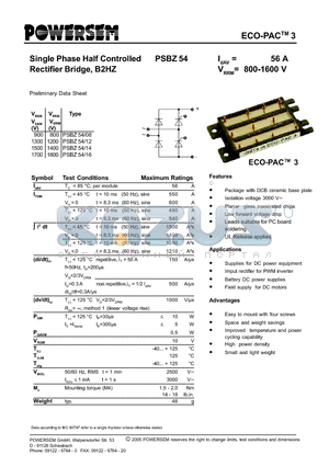 PSBZ54 datasheet - Single Phase Half Controlled Rectifier Bridge, B2HZ